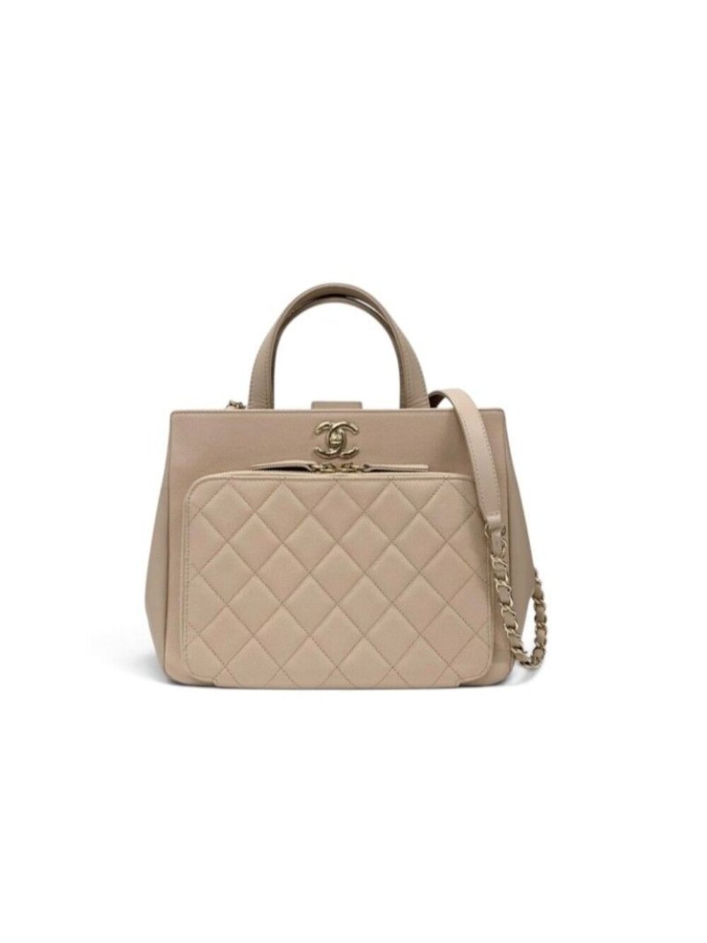Chanel Business Affinity Shoulder Bag Beige Gold Quilted CC Logo Turnlock